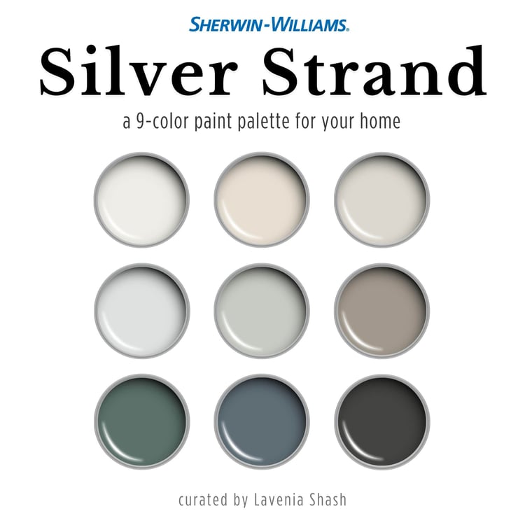 A Sherwin Williams Silver Strand paint color palette. Silver Strand is a gray-green with blue undertones. A nine-color scheme with coordinating white, gray, neutrals, blue, green and charcoal black curated by Lavenia Shash.