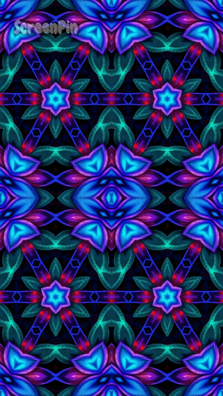 Seamless digital psychedelic pattern with neon ornamental elements in vibrant glowing colors