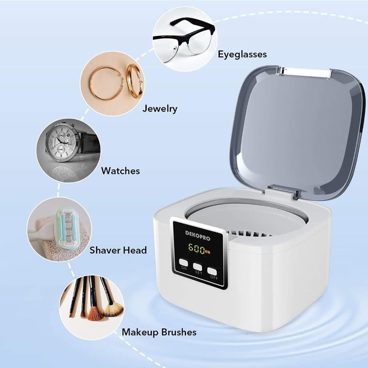 Main Frame Ultrasonic Cleaner with eyeglasses inside, shown on white background.