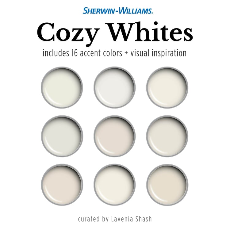Warm white color scheme with Sherwin Williams paint colors. White Farmhouse color palette with cozy whites. Suitable for Coastal Farmhouse, Modern Minimalist, Beach House, English Cottage, Scandinavian, Japandi. Includes accent color pairings and suggesti