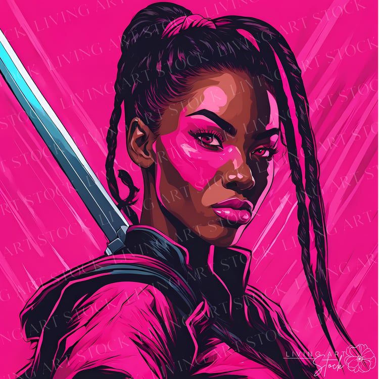 Black Warrior woman, Pink cartoon illustration