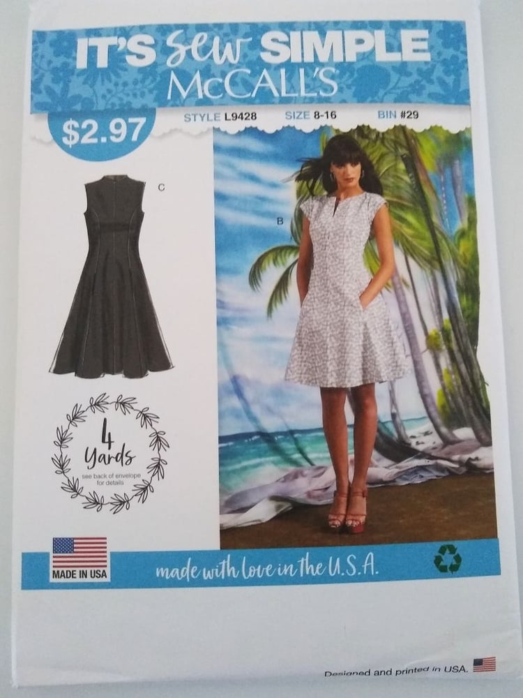 McCall’s L9428 sewing pattern envelope showing fit and flare lined dresses with princess seams and neckline variations, in sizes 8 to 16