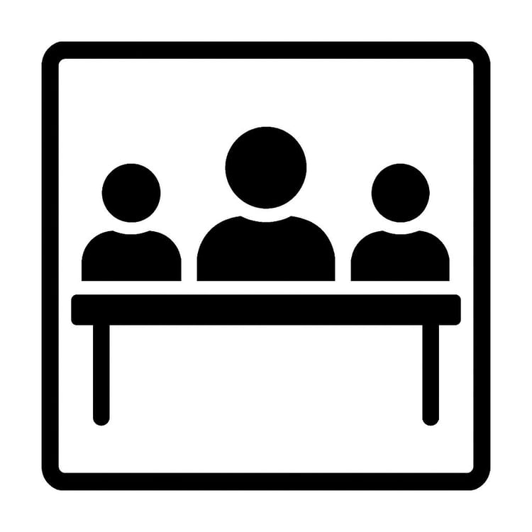 Panel discussion icon with three speakers at a table.