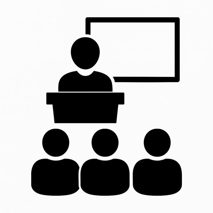 "Classroom lecture icon with speaker at podium and audience