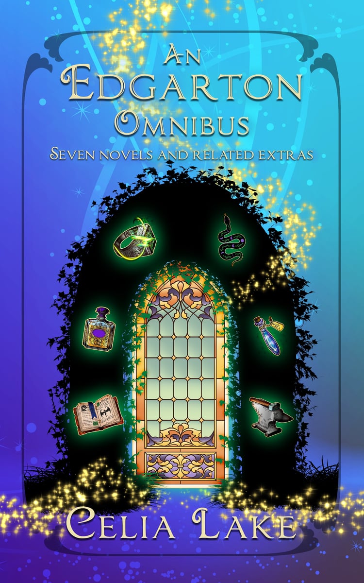 An Edgarton Omnibus: an arch with a stained glass window at the centre with symbols around it on a hedge: an open book, a bottle of perfume, a ring, a snake, a vial, an a hammer and anvil.