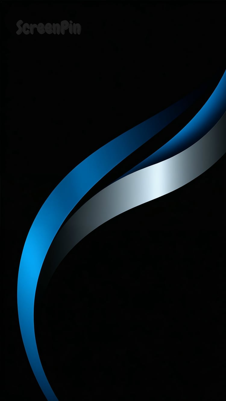 Minimalist digital artwork with flowing silver and blue stripes on a black background