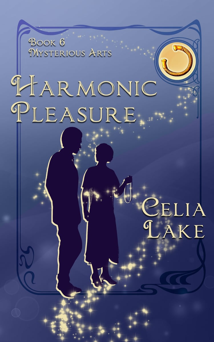 Cover of Harmonic Pleasure: a man and woman in 1920s dress silhouetted on a blue background. She holds an amulet in her hand as they speak to each other. A golden torc is inset in the top right corner.