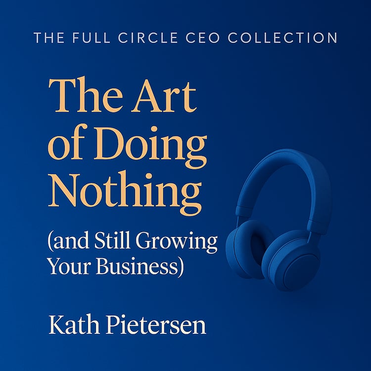 Square cover design for ‘The Art of Doing Nothing (and Still Growing Your Business),’ Part 1. Deep indigo and velvet blue gradient background with sculpted navy headphones centered. Bold cream-colored title text conveys luxury, clarity, and quiet power. A