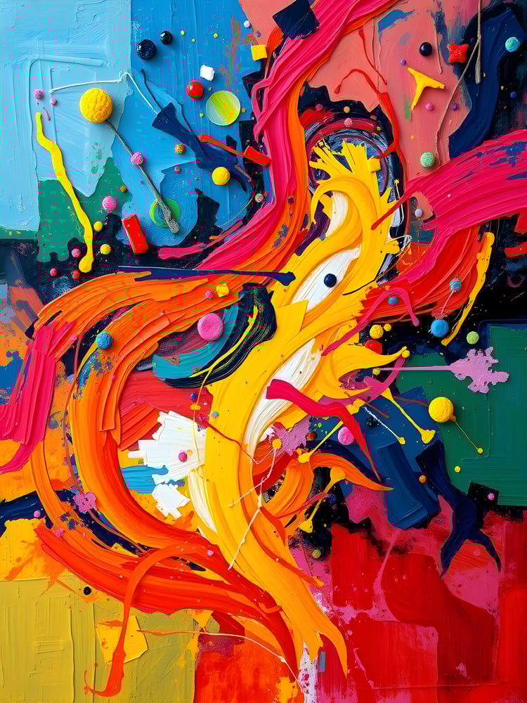 A vibrant abstract painting featuring dynamic brush strokes in orange, red, yellow, and blue tones, accented by 3D textured elements and multi-coloured geometric shapes on a bold patchwork background.