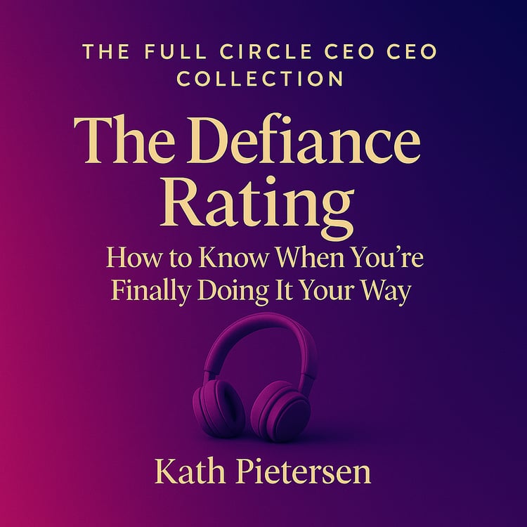 Cover design for the audio program “The Defiance Rating: How to Know When You’re Finally Doing It Your Way,” part of The Full Circle CEO Collection by Kath Pietersen. Features rich indigo tones, subtle gradient shading, and dark purple headphones symboliz
