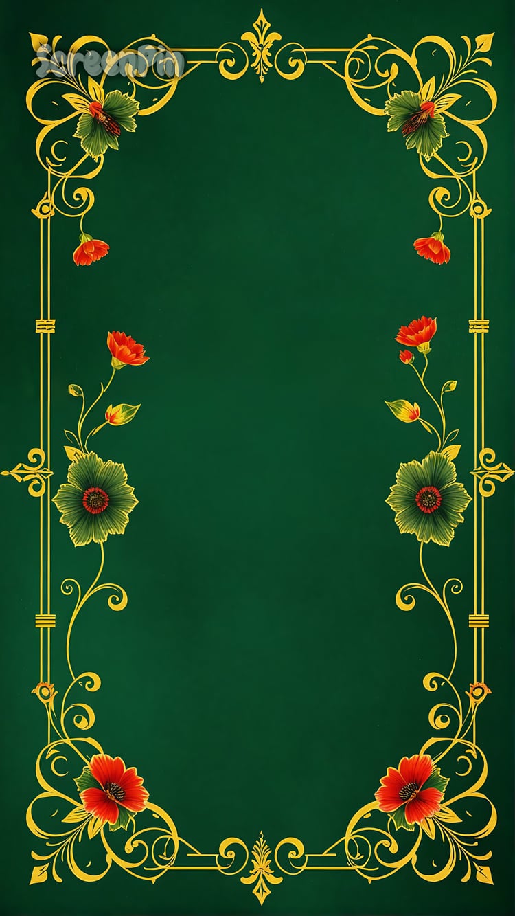 Elegant ornamental frame with gold filigree and symmetrical red-green baroque flowers on white