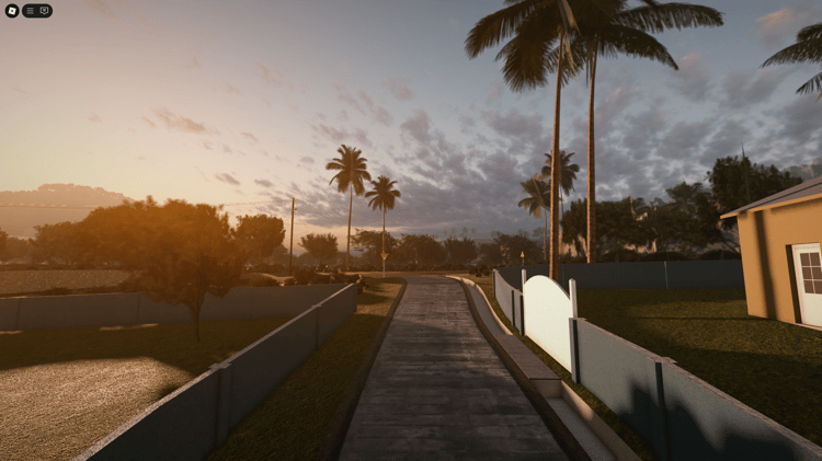 Sunset over a white-sand beach with palm trees and realistic ocean waves