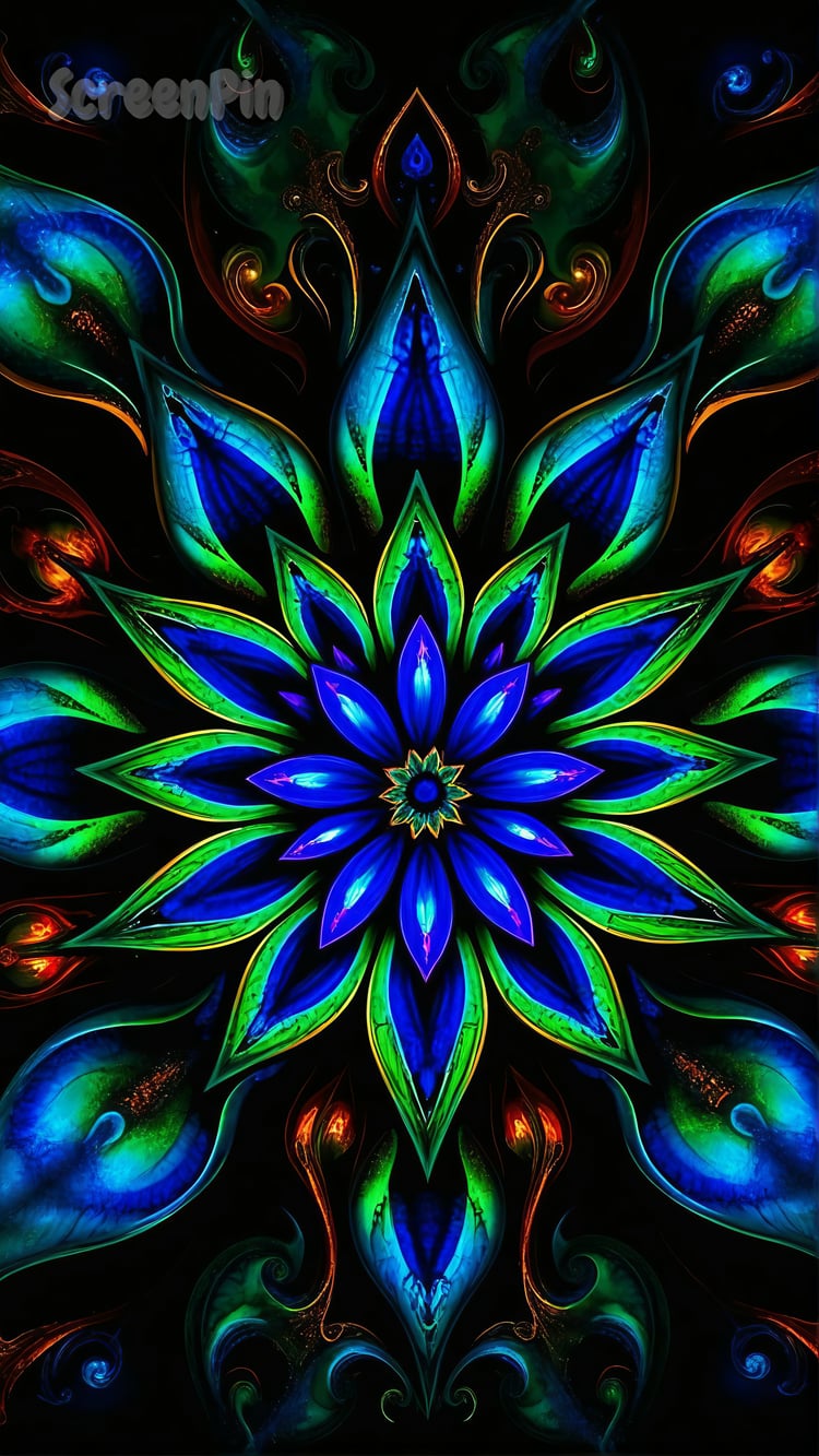 Digital artwork of a glowing multicolored neon flower with magical and surreal elements
