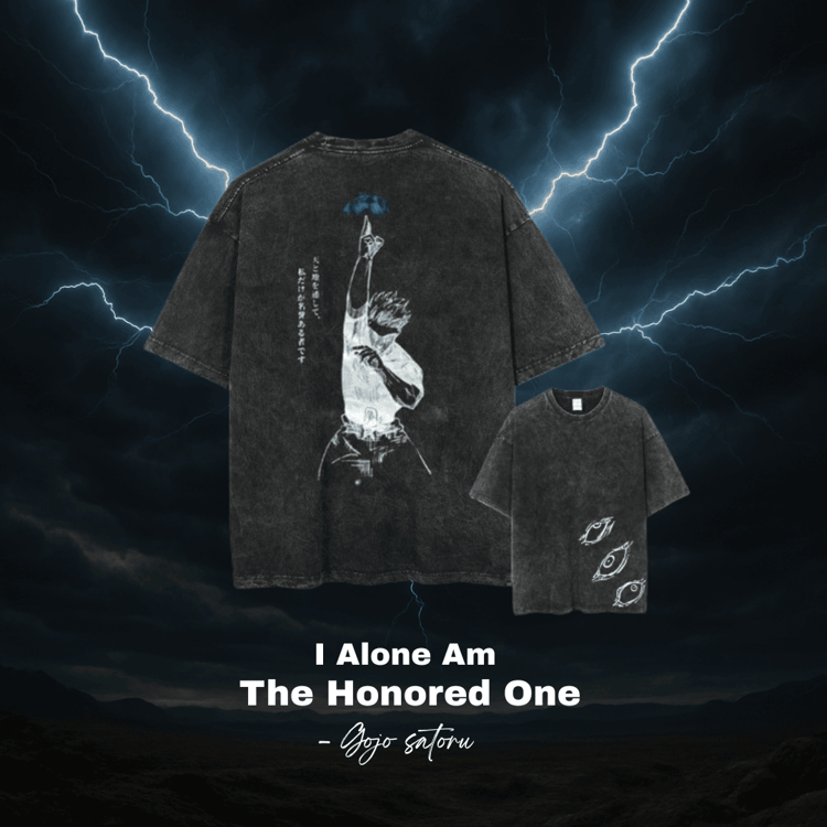 alt="Front and back view of Gojo Satoru Jujutsu Kaisen oversized unisex T-shirt – anime streetwear in washed cotton"