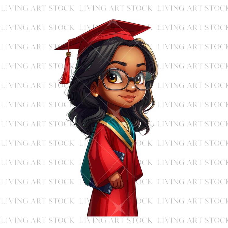Brown chibi woman honors graduate, red cap and gown transparent png design