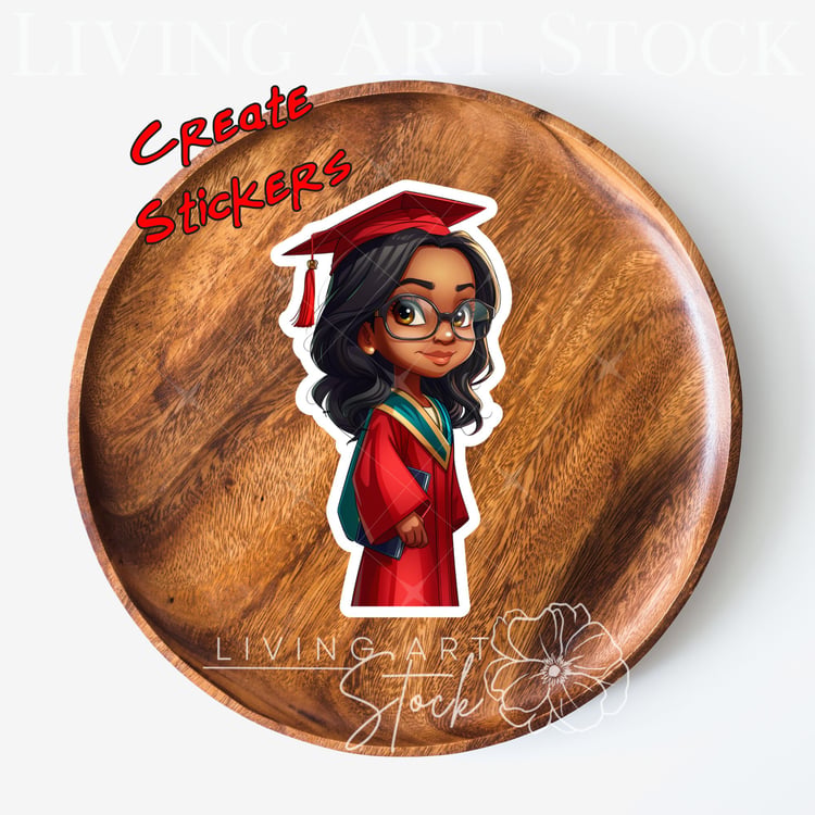 Brown chibi woman honors graduate, red cap and gown sticker design