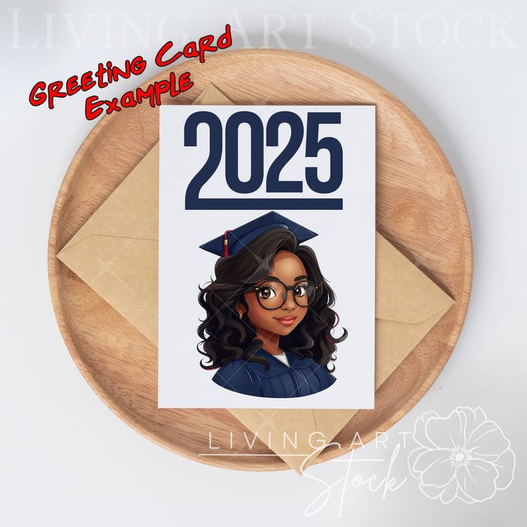 Black woman chibi graduate, blue cap and gown Greeting Card Design