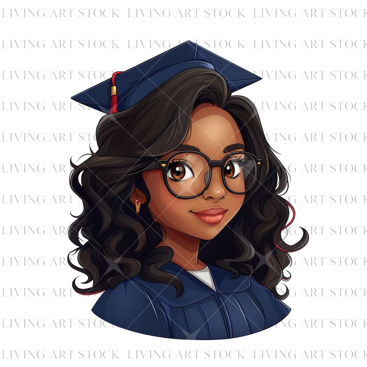 Black woman chibi graduate, blue cap and gown, transparent png design