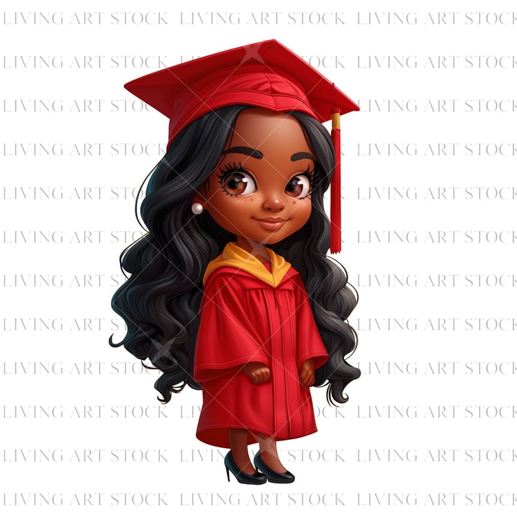 Black woman chibi graduate wearing red cap and gown, transparent png design