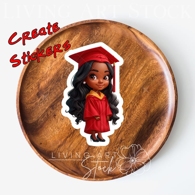 Black woman chibi graduate wearing red cap and gown, sticker design