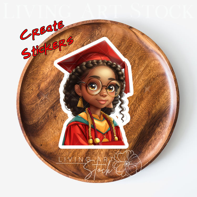 Black girl chibi graduate wearing red cap and gown sticker png design
