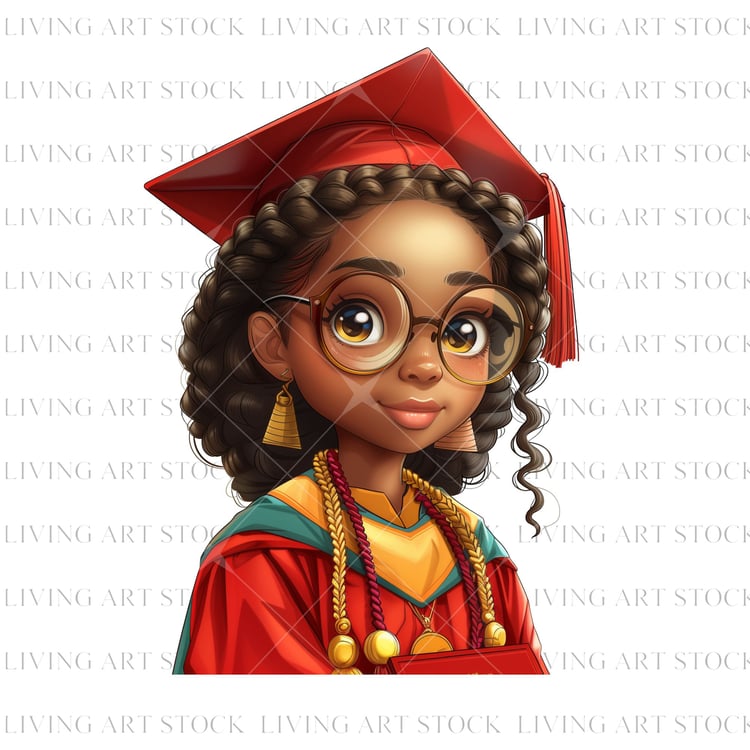 Black girl chibi graduate wearing red cap and gown transprent png design