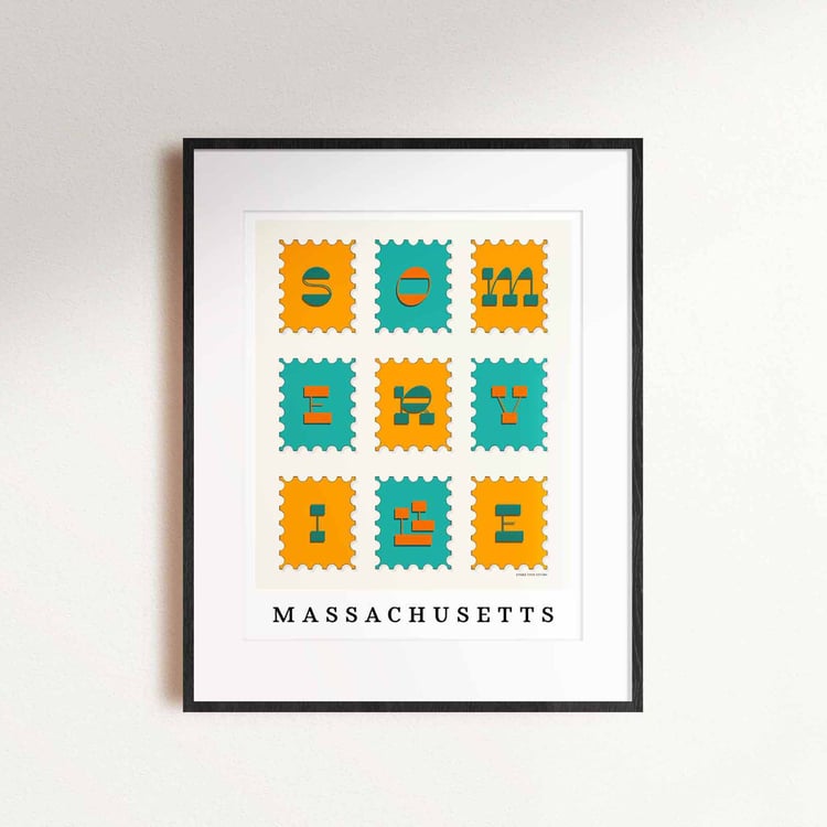 A framed picture of postage stamps featuring Somerville, Massachusetts drawn in a unique lettering style. Artwork has a blue and orange color scheme