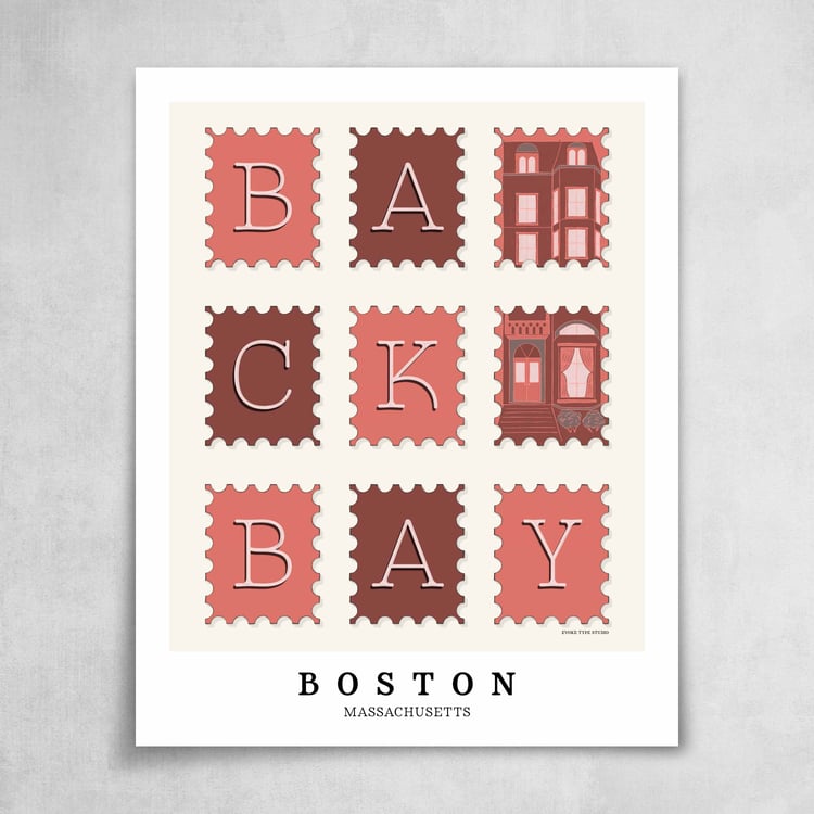 A collection of pink, burgundy and gray postage stamps featuring the Back Bay neighborhood in Boston, Massachusetts