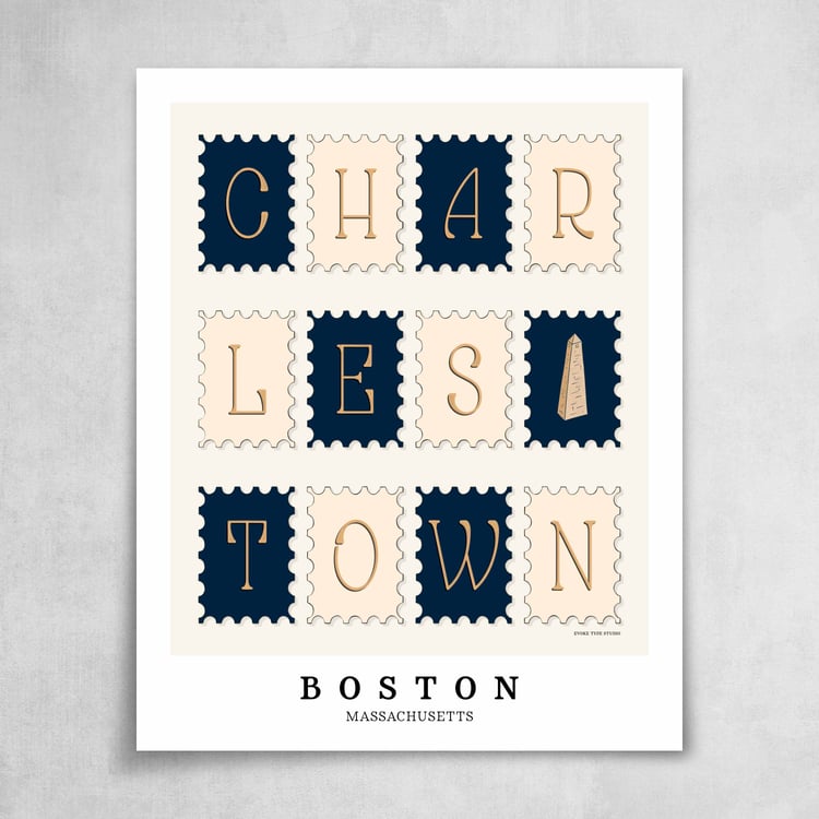A collection of navy blue and beige postage stamps featuring the Charlestown neighborhood in Boston, Massachusetts