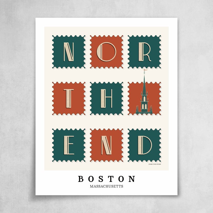 A collection of orange and green postage stamps featuring the North End neighborhood in Boston, Massachusetts