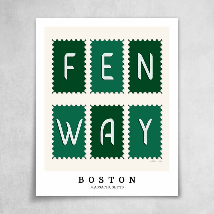 A collection of green postage stamps featuring the Fenway neighborhood in Boston, Massachusetts