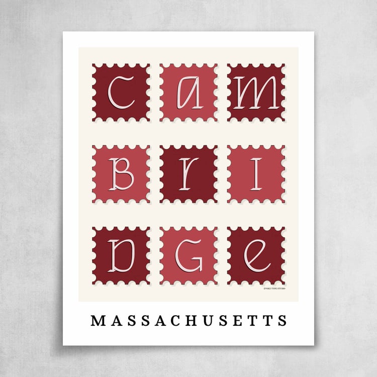 A collection of red postage stamps featuring Cambridge, Massachusetts