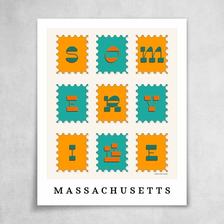 A collection of orange and blue postage stamps featuring Somerville, Massachusetts