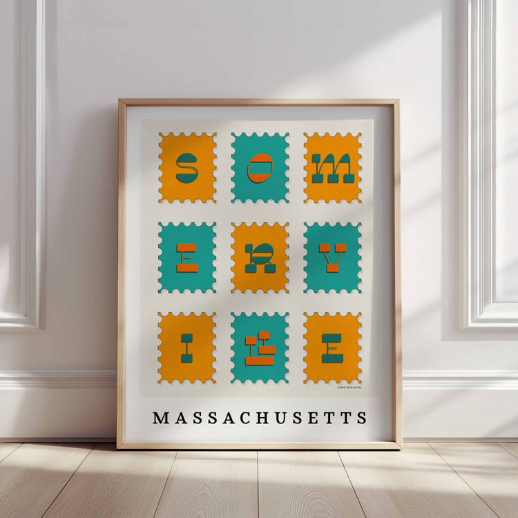 A framed picture of postage stamps featuring Somerville, Massachusetts drawn in a unique lettering style. Artwork has a orange and blue color scheme