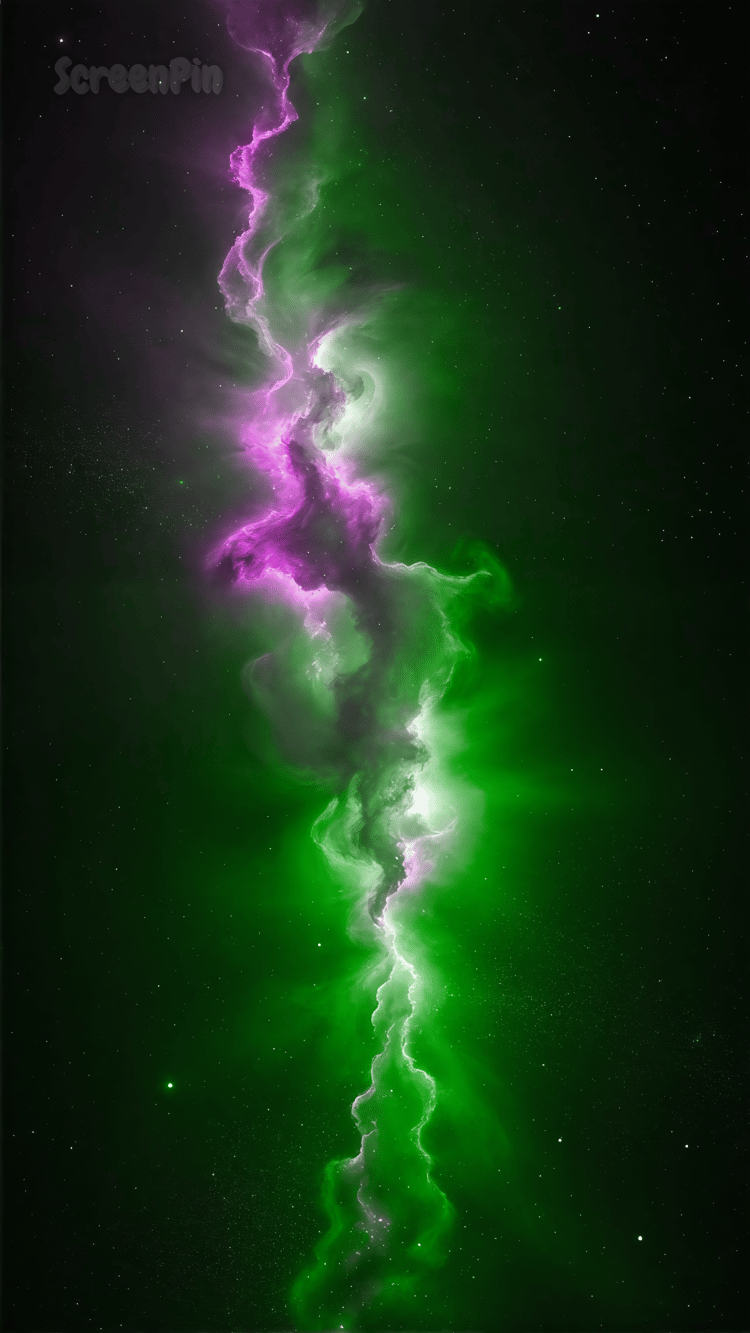 Digital cosmic wallpaper with a swirling pink and green nebula in outer space