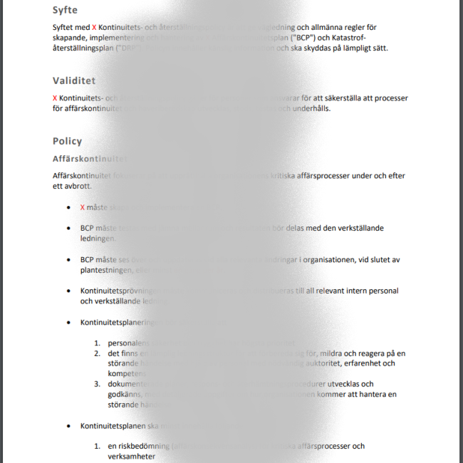 Exempel policy för kontinuitet och återställning