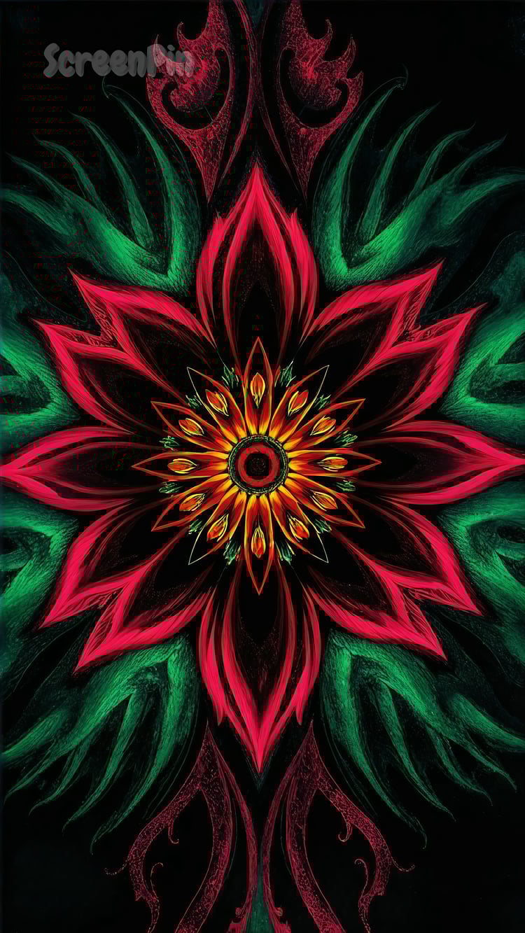 Digital artwork of a glowing red and green magical flower on a black background