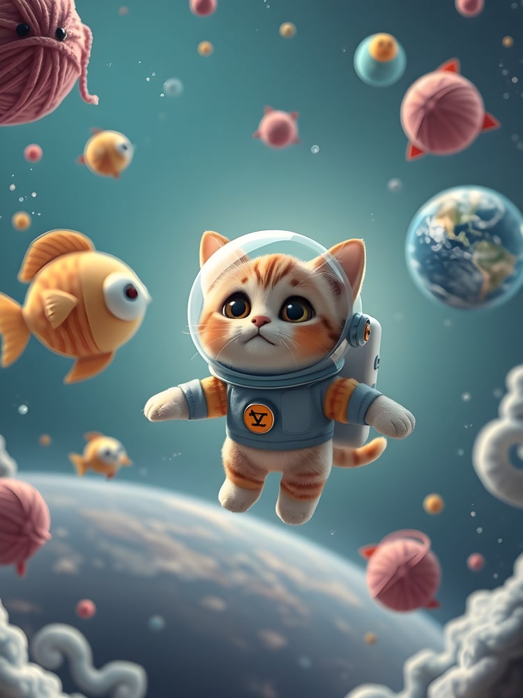 Digital artwork of a cute orange tabby cat in an astronaut suit floating in space, surrounded by floating yarn balls and cartoon space fish, with Earth in the background.