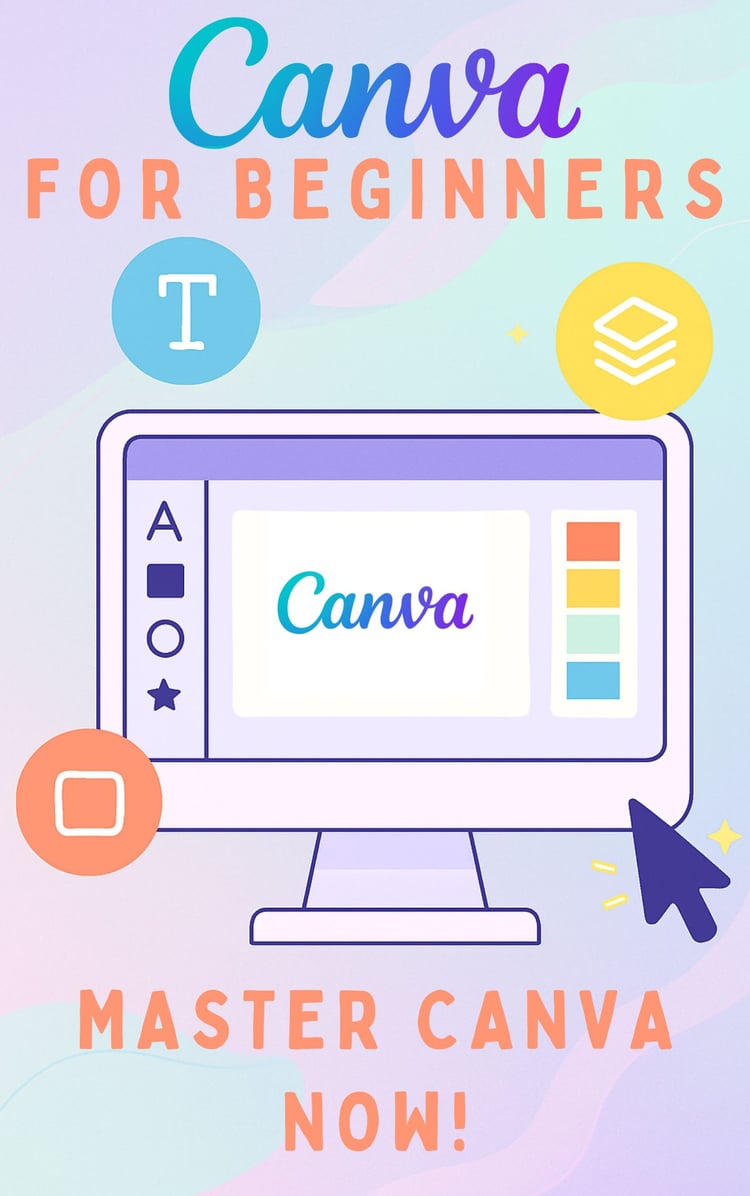 Illustration of a laptop, graphics interface, Canva dashboard, surrounded by creative design elements – representing digital design learning.