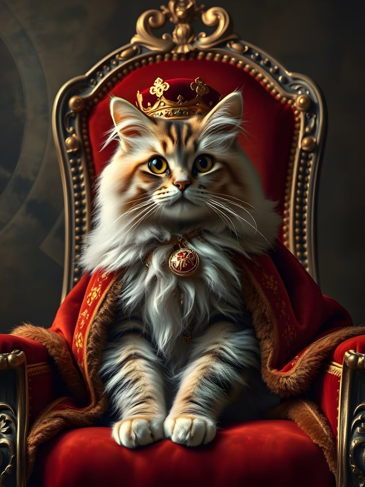 A highly detailed digital artwork of a majestic long-haired cat sitting on a royal throne, wearing a golden crown and red velvet robe with gold embroidery, presented in a regal fantasy style.