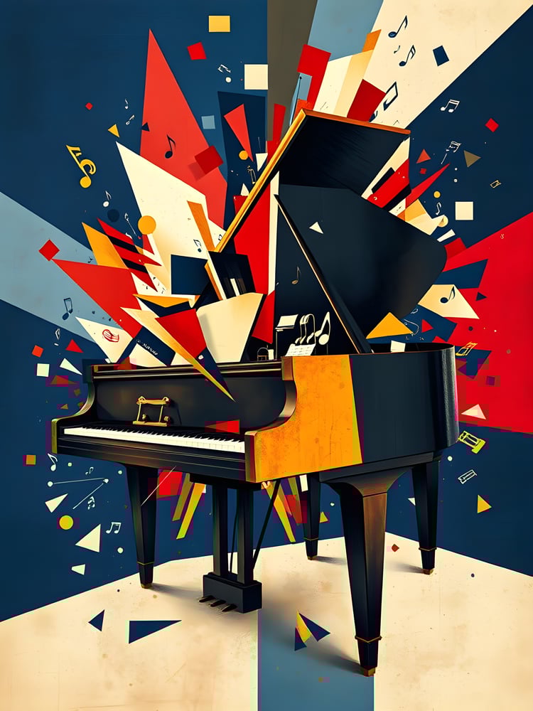 Digital artwork of a grand piano exploding with abstract shapes, colorful fragments, and musical notes on a dynamic background of red, blue, cream, and black, symbolizing the power and emotion of music.