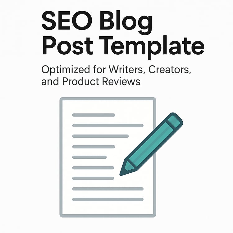 Promotional graphic for SEO Blog Post Template featuring a modern design with pencil and paper icon on a white background, highlighting writing tools for bloggers and content creators.