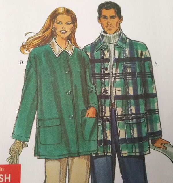 Simplicity 8461 sewing pattern from 1998 featuring a unisex button-front jacket with collar and front pockets, shown on adult and teen models in sizes XS–XL, part of the It’s So Easy collection.