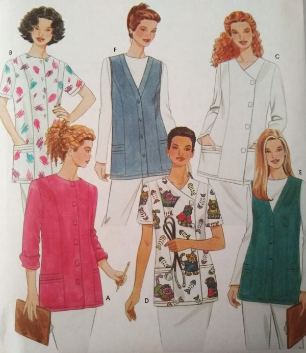 Simplicity 9046 sewing pattern for Misses scrub top or vest in sizes 8–14, featuring princess seams, patch pockets, round or V-neckline, and sleeve variations with Velcro or button closures, shown on illustrated envelope.