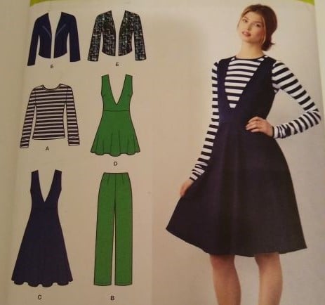 Simplicity 1325 sewing pattern from 2014 for Misses wardrobe set in sizes 6–14, including pants, jumper with back zipper, pullover knit top, tunic, and jacket, shown on illustrated pattern envelope.