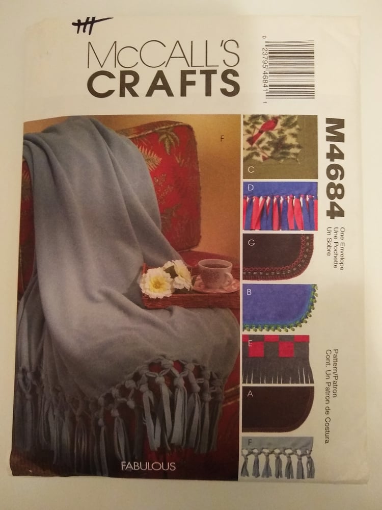 McCall’s Crafts 2004 sewing pattern for fleece blankets in one size (58" x 70"), featuring multiple trim options like braid, fringe, or pinked edges, shown on illustrated pattern envelope.