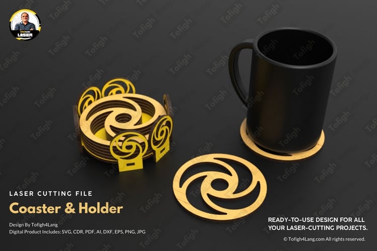 Modern Laser Cut Coaster Set with Holder | Geometric Design | Laser Cutting File | SVG