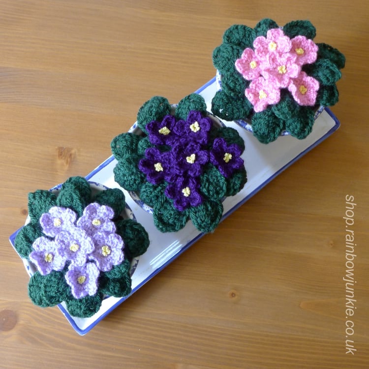 Three pots of crochet African violets in different colours.