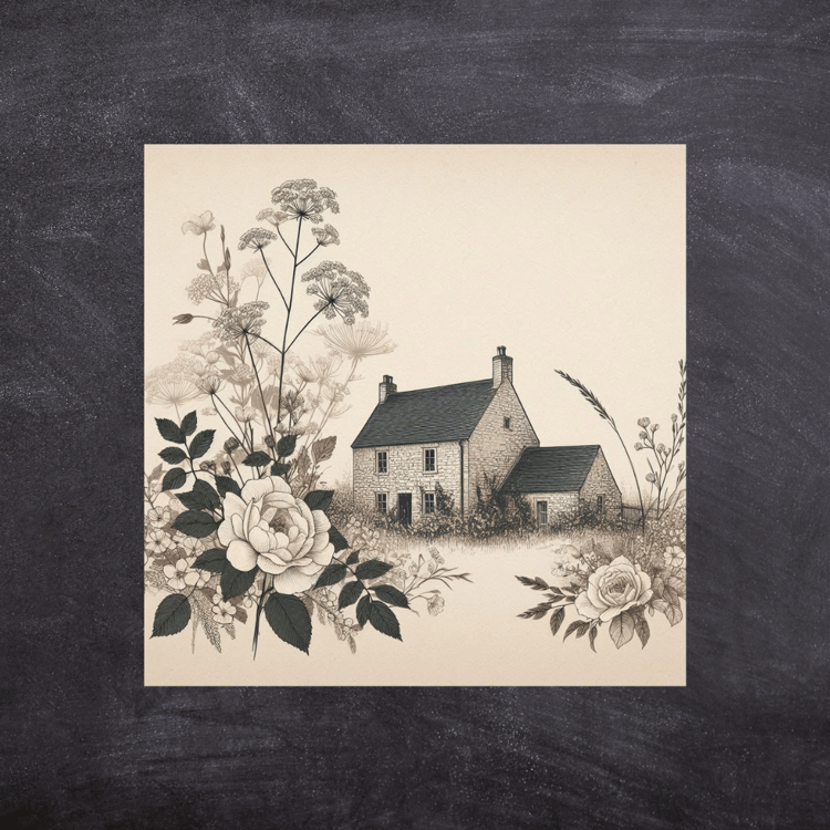 Hand-drawn farmhouse Rustic farm illustration Old-fashioned house art Vintage farm sketch Beige and brown artwork Country house drawing Nostalgic rural scene Farmhouse wall art Idyllic countryside illustration Earthy tone farm print Traditional farmhouse 
