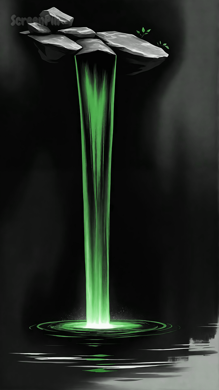 Stylized digital illustration of a glowing green waterfall flowing into a calm pool on a dark background